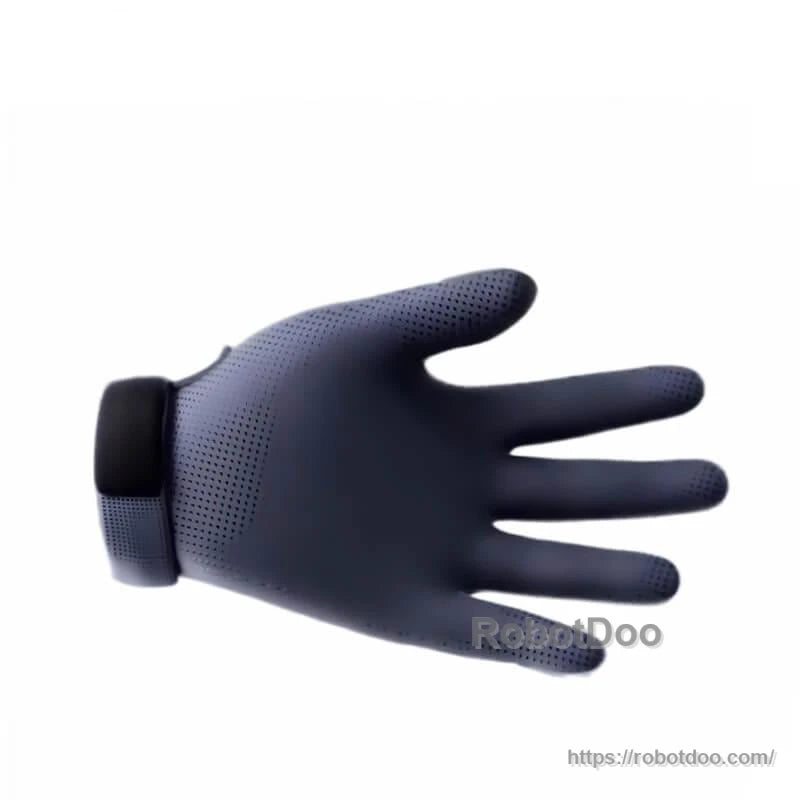 Open palm view of pressure-sensing glove laid flat, showing full finger length and textured surface
