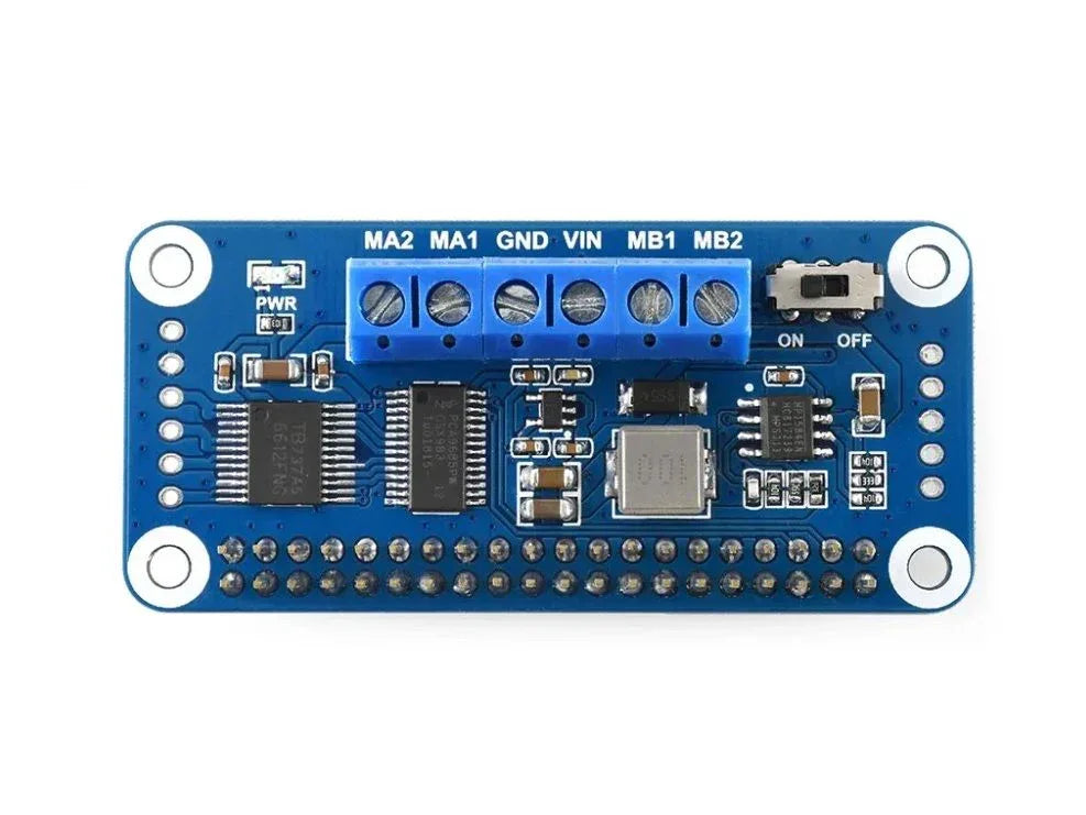 Waveshare I2C motor driver HAT front view with dual motor screw terminals and Raspberry Pi GPIO header
