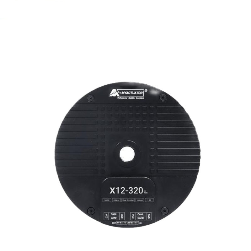 MyActuator X12-320 actuator motor, top face with center shaft hole, model label and CAN port icons
