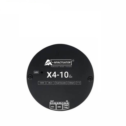 MyActuator X4-10 actuator motor front face with LED indicator and OUT/IN terminal pin labels