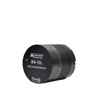 Angled side view of X4-10 cylindrical actuator motor with ribbed housing and flat end cap