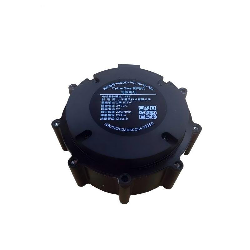 Back side of motor with printed specification label and QR code on round cover