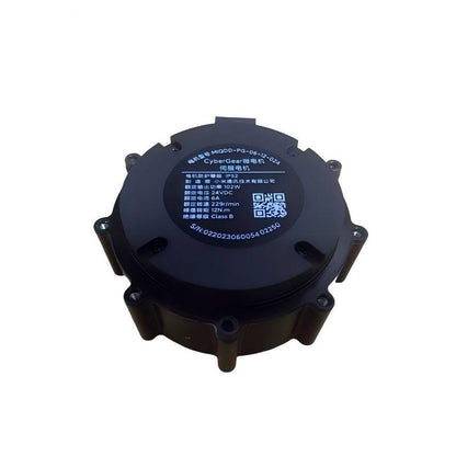 Back side of motor with printed specification label and QR code on round cover