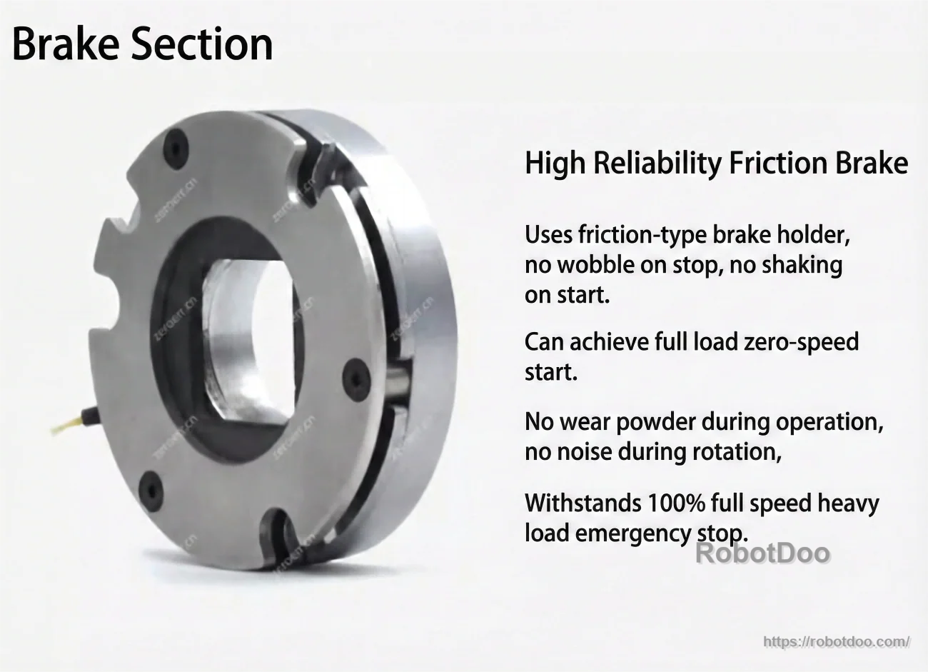High-reliability friction brake assembly for robot joint motor, designed for stable stop/start performance