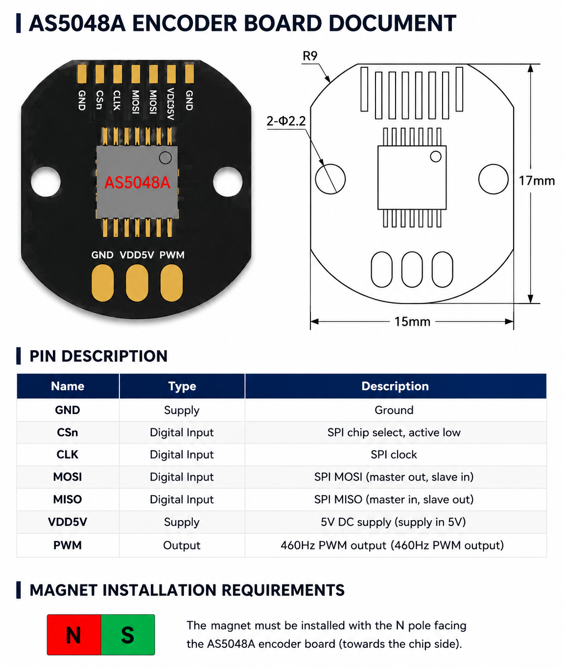AS5048A Magnetic Rotary Encoder Board 12–14 Bit PWM SPI Magnetic Encoder Sensor