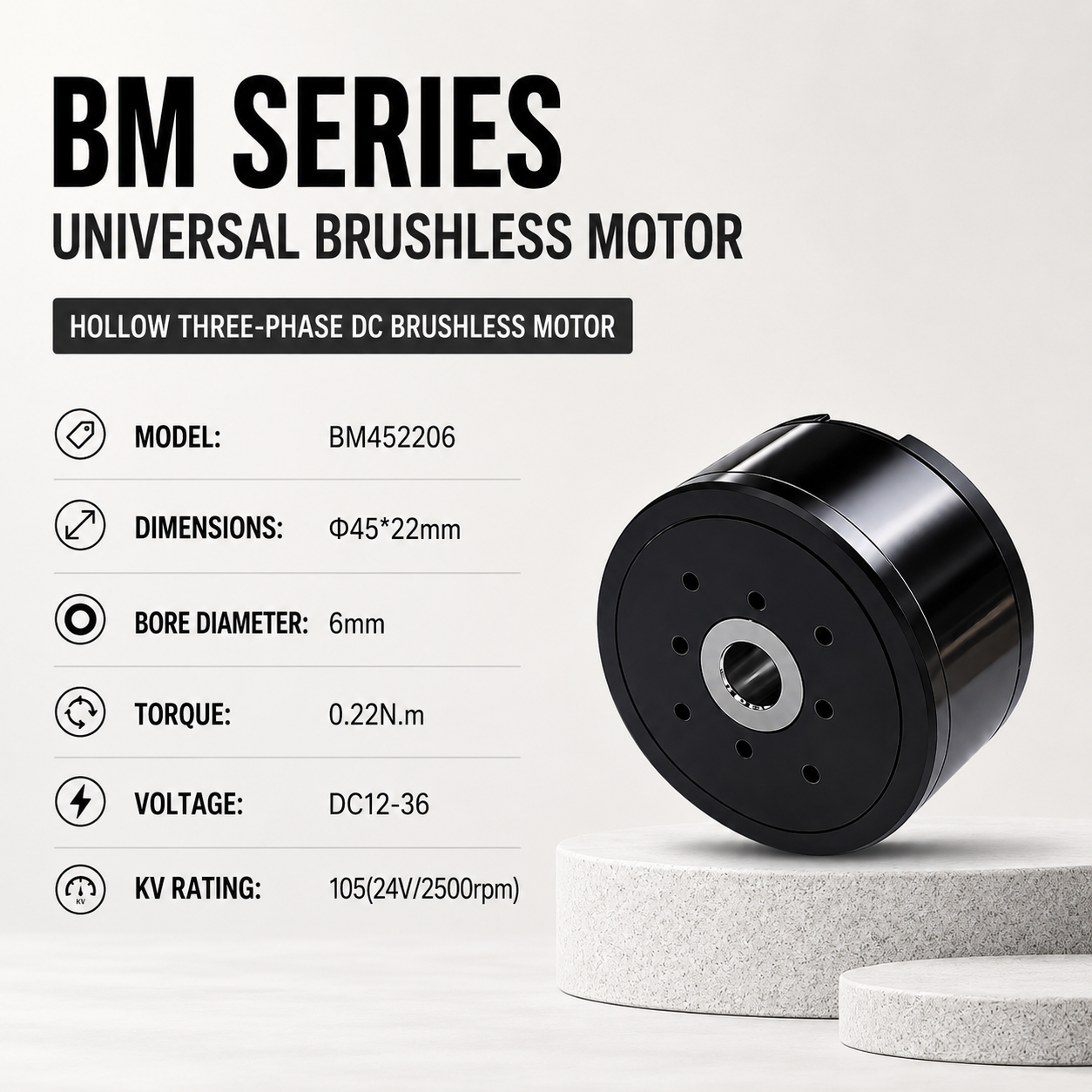 BM Series Hollow Shaft BLDC Motor Flat Outrunner Torque Motor for Robot Joint Gimbal AGV Robotics