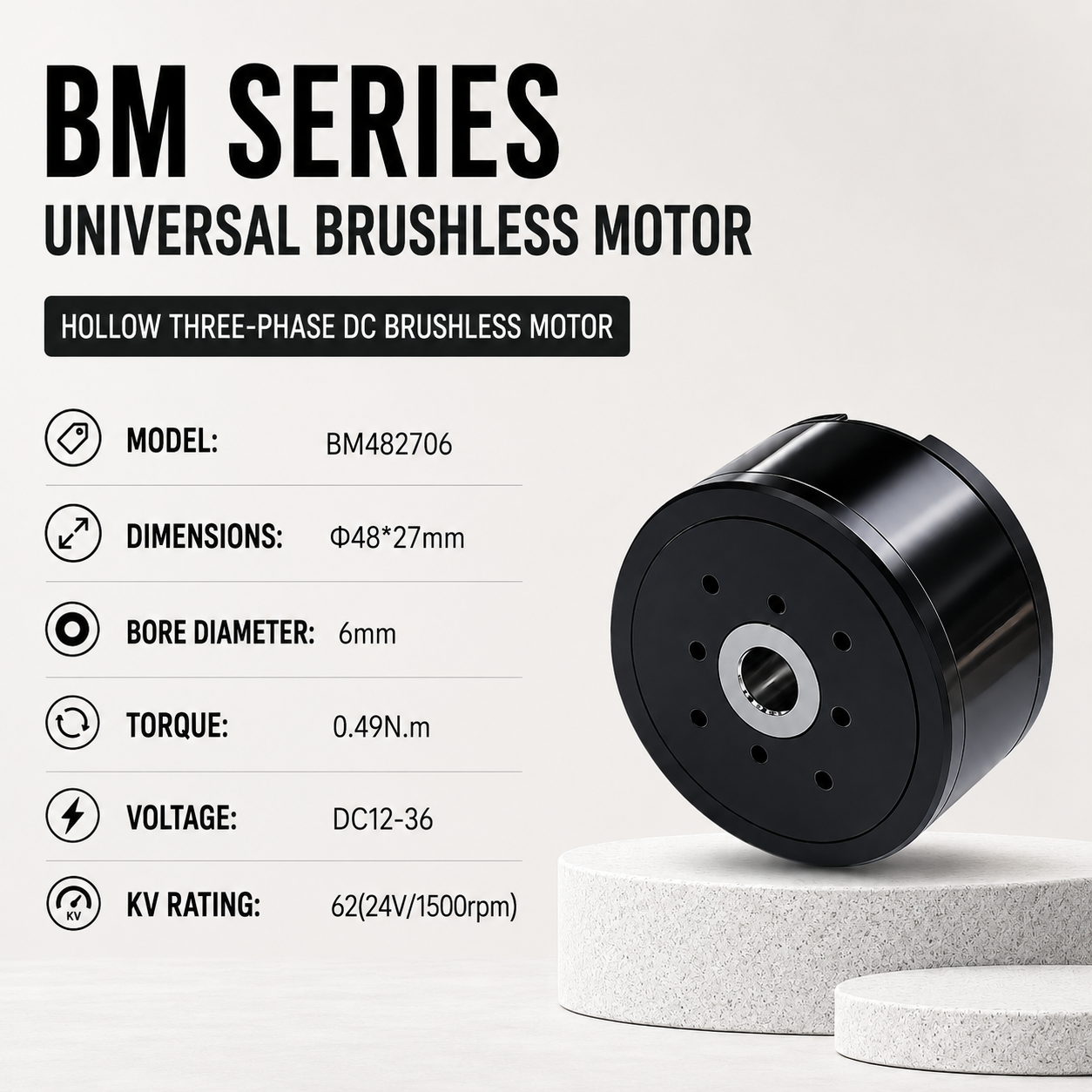 BM Series Hollow Shaft BLDC Motor Flat Outrunner Torque Motor for Robot Joint Gimbal AGV Robotics