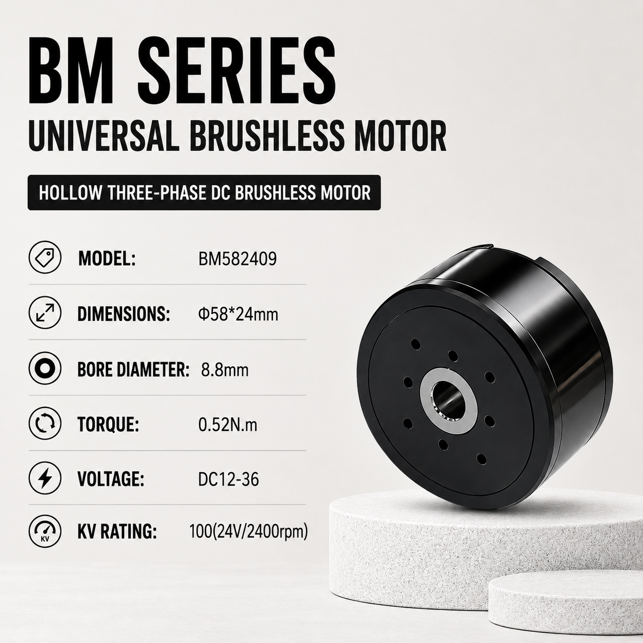 BM Series Hollow Shaft BLDC Motor Flat Outrunner Torque Motor for Robot Joint Gimbal AGV Robotics