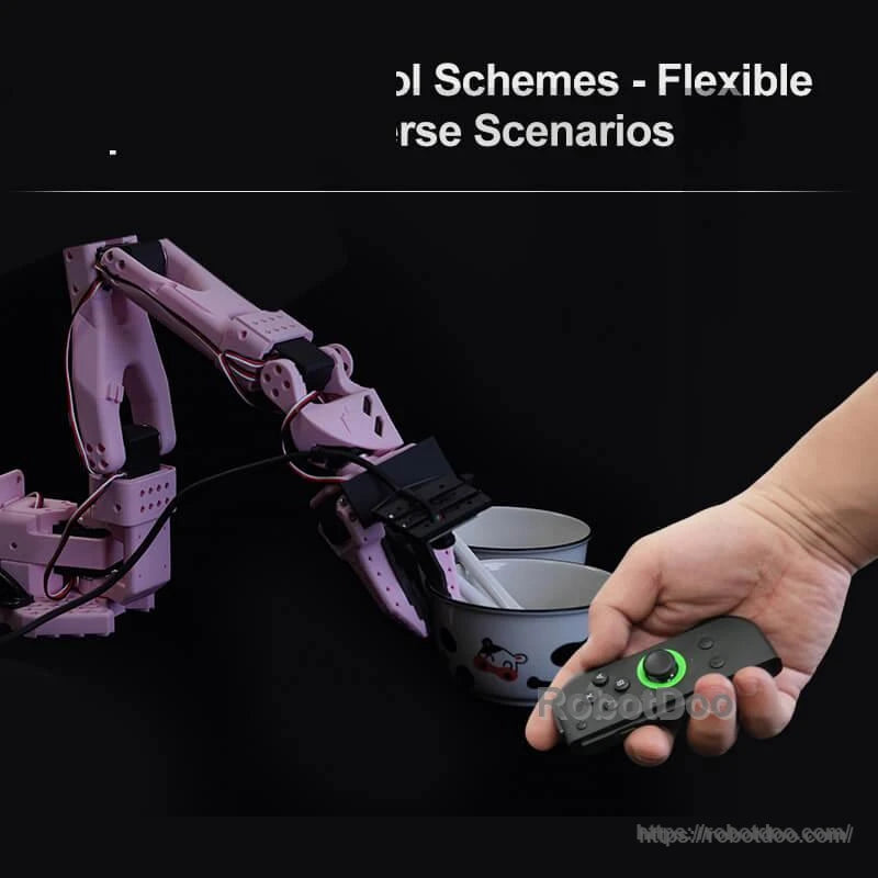 Controller in hand controlling a pink robotic arm over bowls, illustrating flexible use scenarios