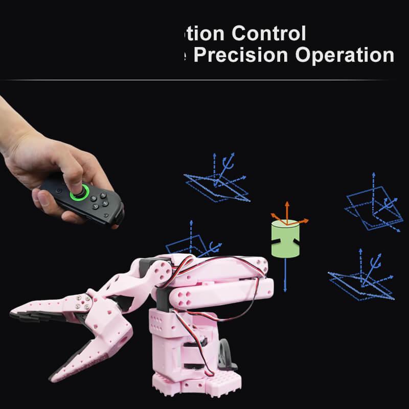 Hand holding Joycon-Robotics Controller demonstrating precision control of a pink robotic arm with motion diagrams