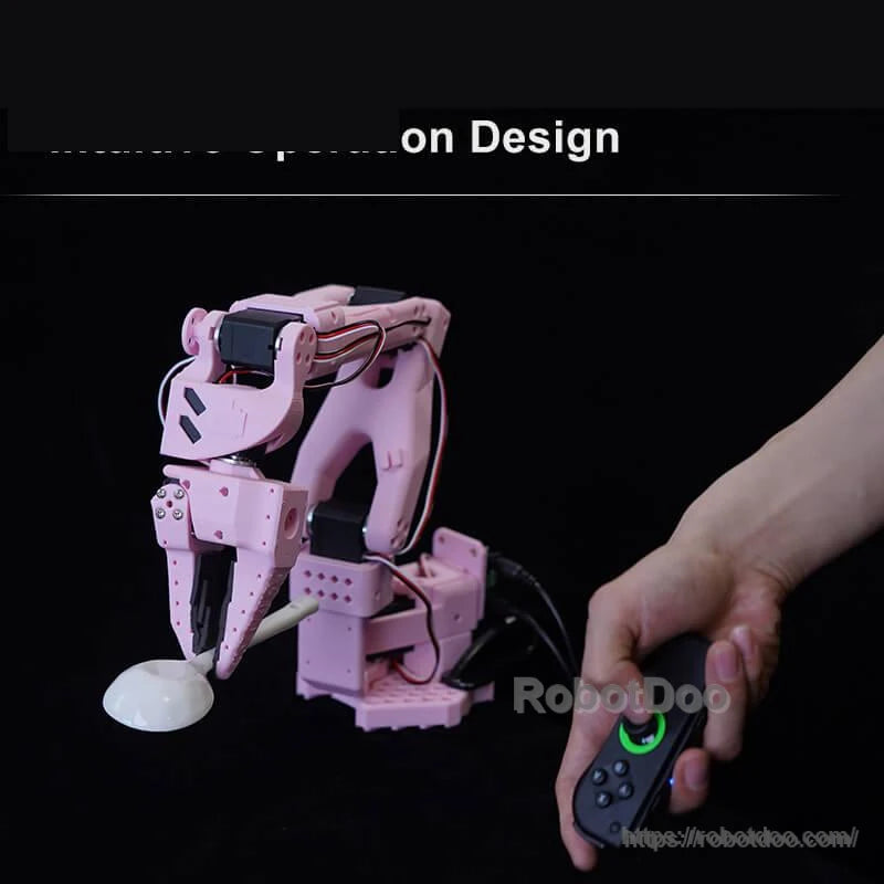 Handheld controller operating a pink RobotDog-style robot on black background