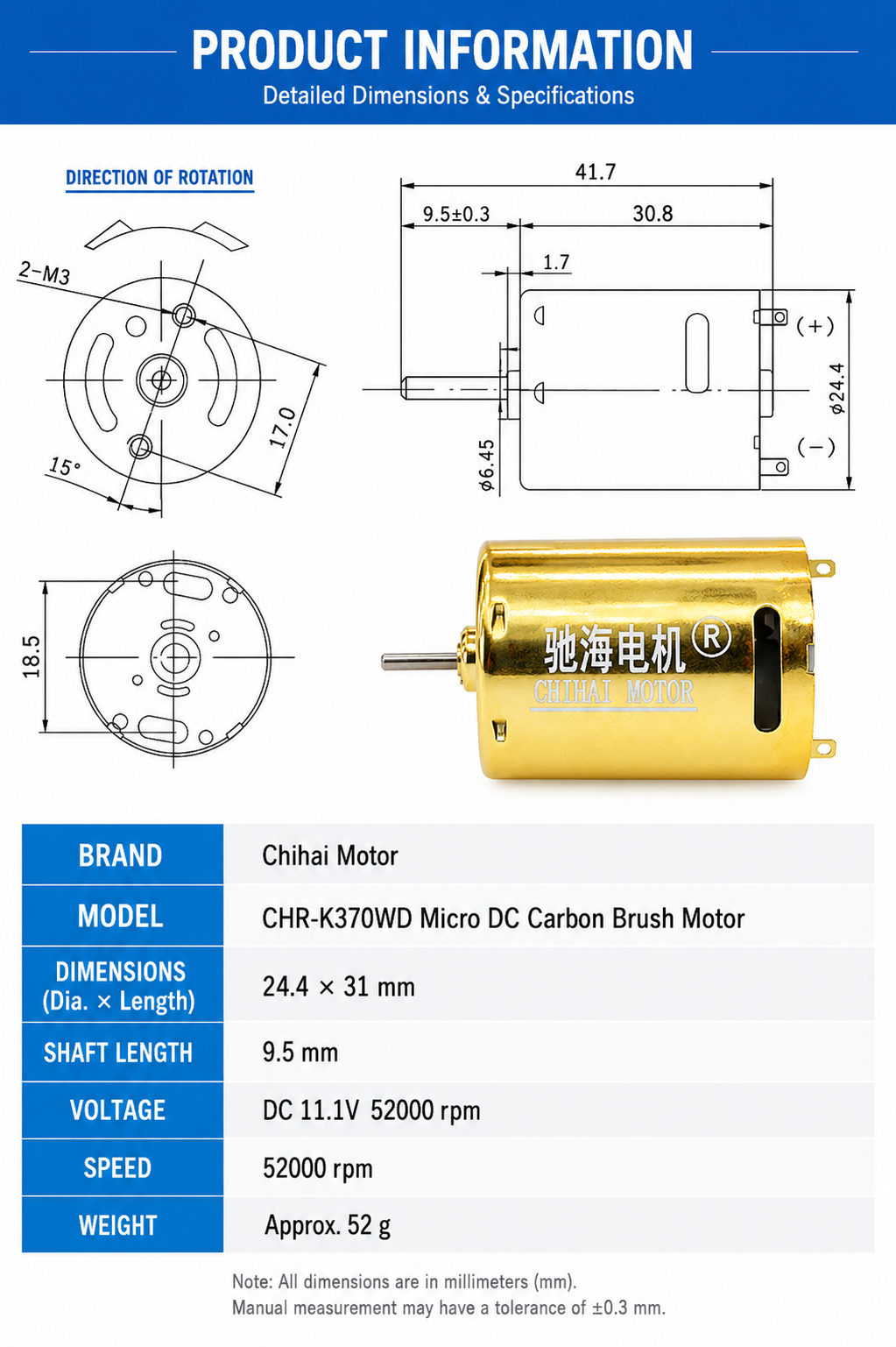 K370WD 370 Brushed DC Motor 11.1V High Torque High Speed Dual Ball Bearing Motor with NdFeB Magnet