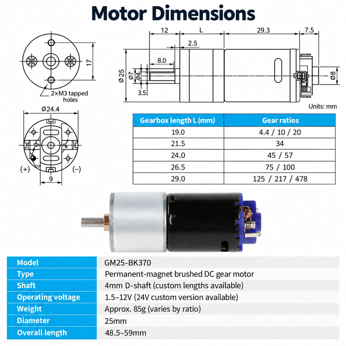 CHIHAI CHR-GM25-BK370 25mm 370 DC Gear Motor 6V 12V High Torque