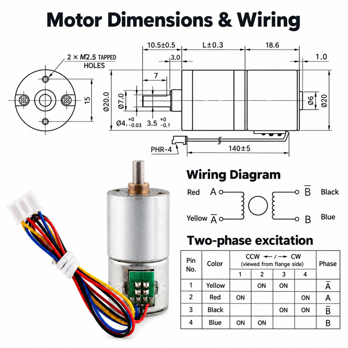 CHS-GM20-20BY 20mm Stepper Gear Motor 5V-12V 2-Phase 4-Wire Metal Gearbox