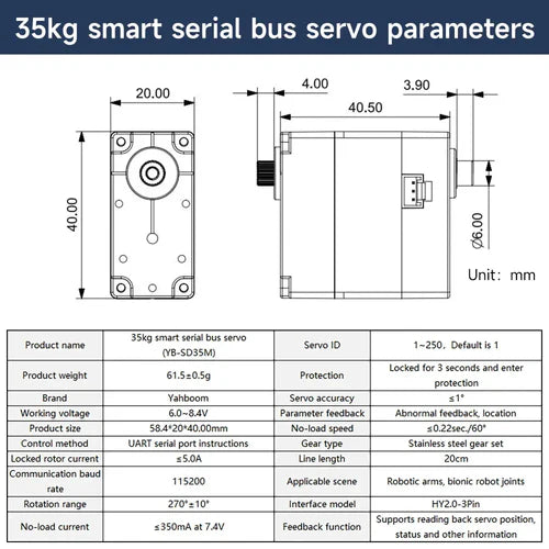 Yahboom 35KG Serial Bus Smart Servo High Speed Large Torque Metal Gear Digital Motor w/ 270° Control Angle