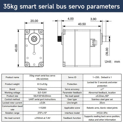 Yahboom 35KG Serial Bus Smart Servo High Speed Large Torque Metal Gear Digital Motor w/ 270° Control Angle