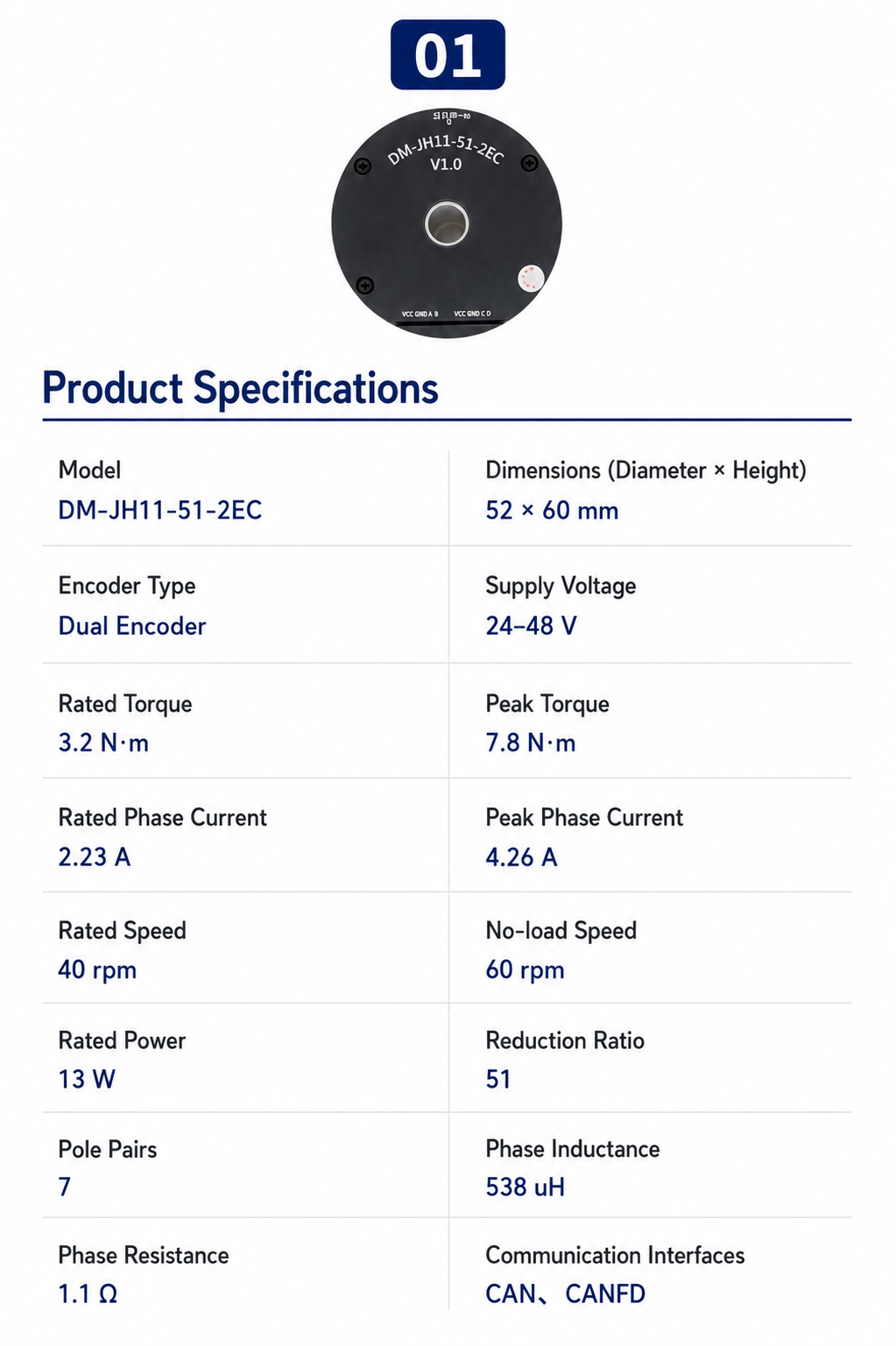 DAMIAO DM-JH11-2EC Harmonic Joint Motor Module Dual Inductive Encoder High Precision Robotic Actuator