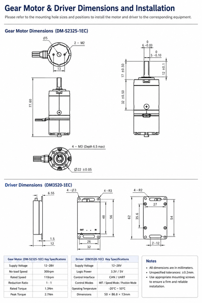 DAMIAO DM-S2325-1EC BLDC Planetary Gear Servo Motor with Driver 24V CAN FD FOC AGV Robot Actuator