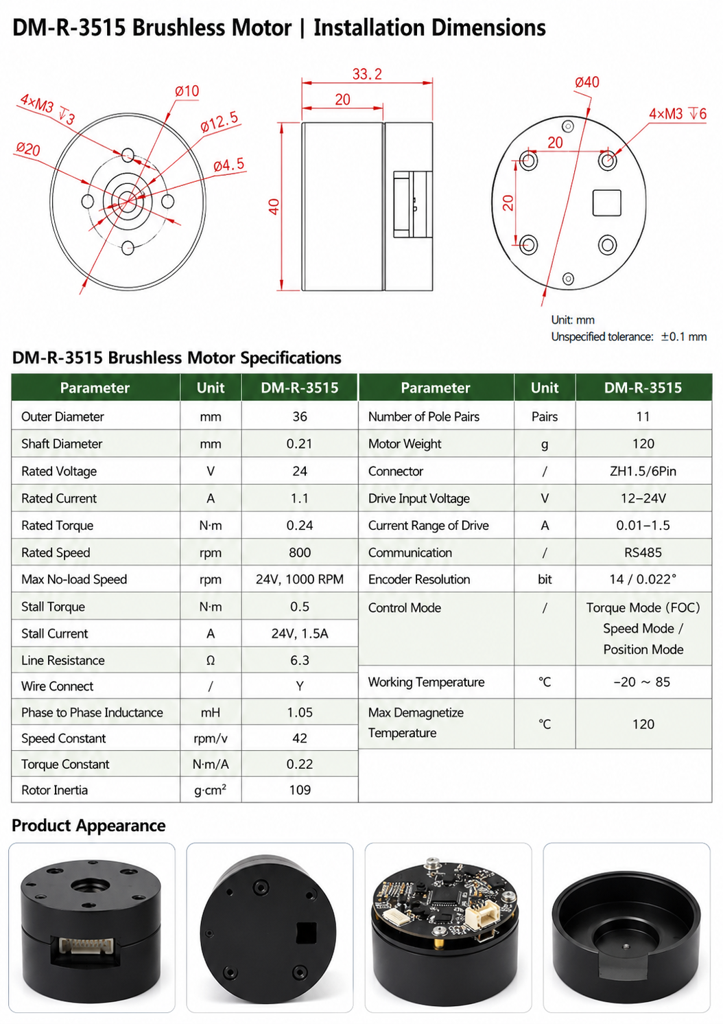 DM-R-3515 BLDC Servo Motor with Integrated FOC Driver RS485 Direct Drive Actuator 24V