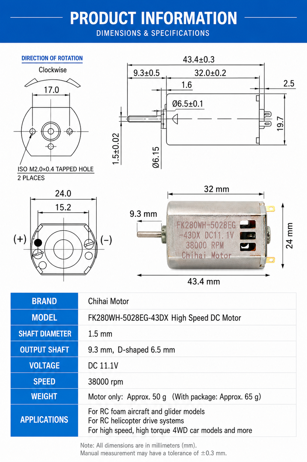 FK280WH-5028EG-43DX 280 Brushed DC High Torque Motor 11.1V 38000RPM for RC Toys & DIY Projects