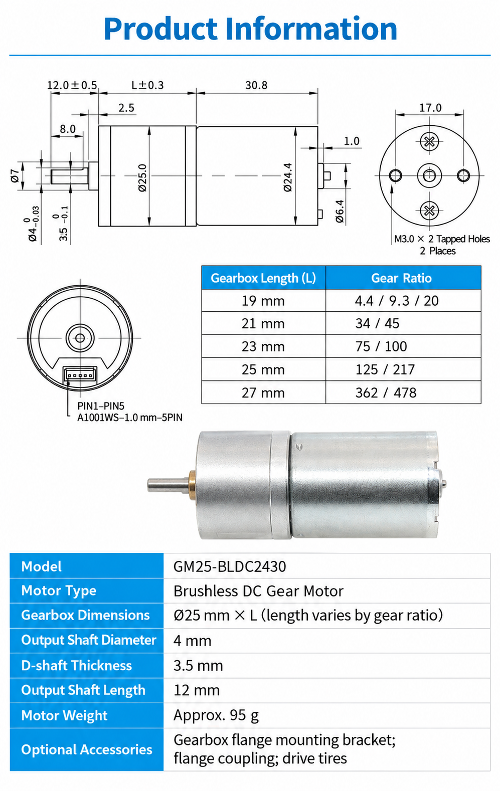 GM25 BLDC Gear Motor 12V 24V with PWM Speed Control & Hall Feedback