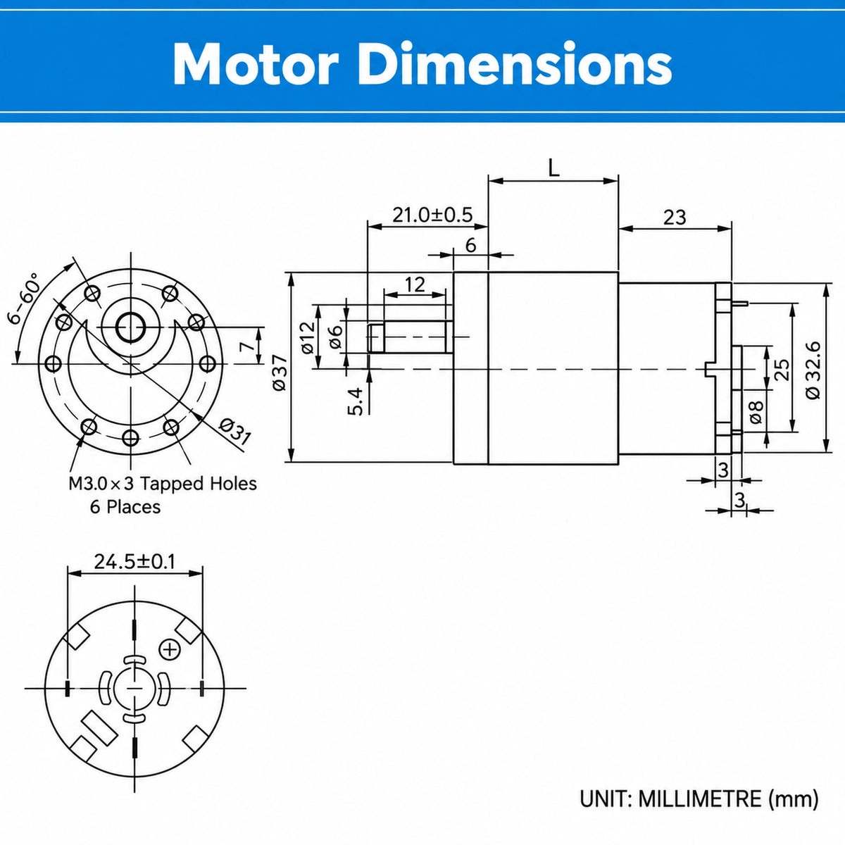 GM37-520 37mm DC Gear Motor 12V 24V High Torque Metal Gearmotor