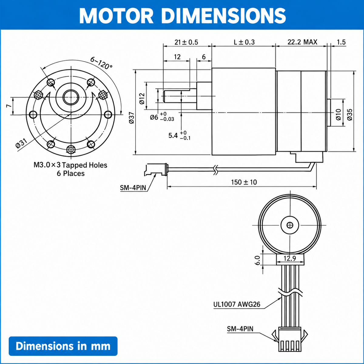 37mm Geared Stepper Motor 2-Phase 4-Wire High Torque 12V