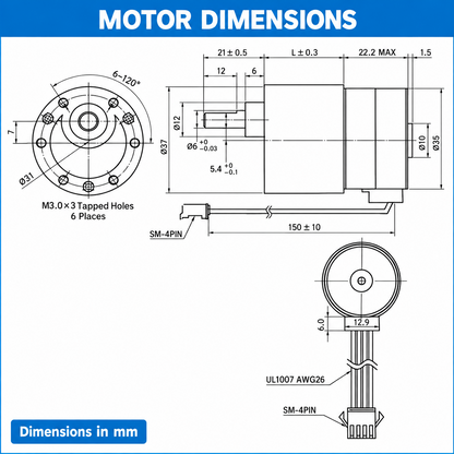 37mm Geared Stepper Motor 2-Phase 4-Wire High Torque 12V