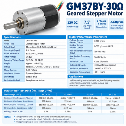 37mm Geared Stepper Motor 2-Phase 4-Wire High Torque 12V