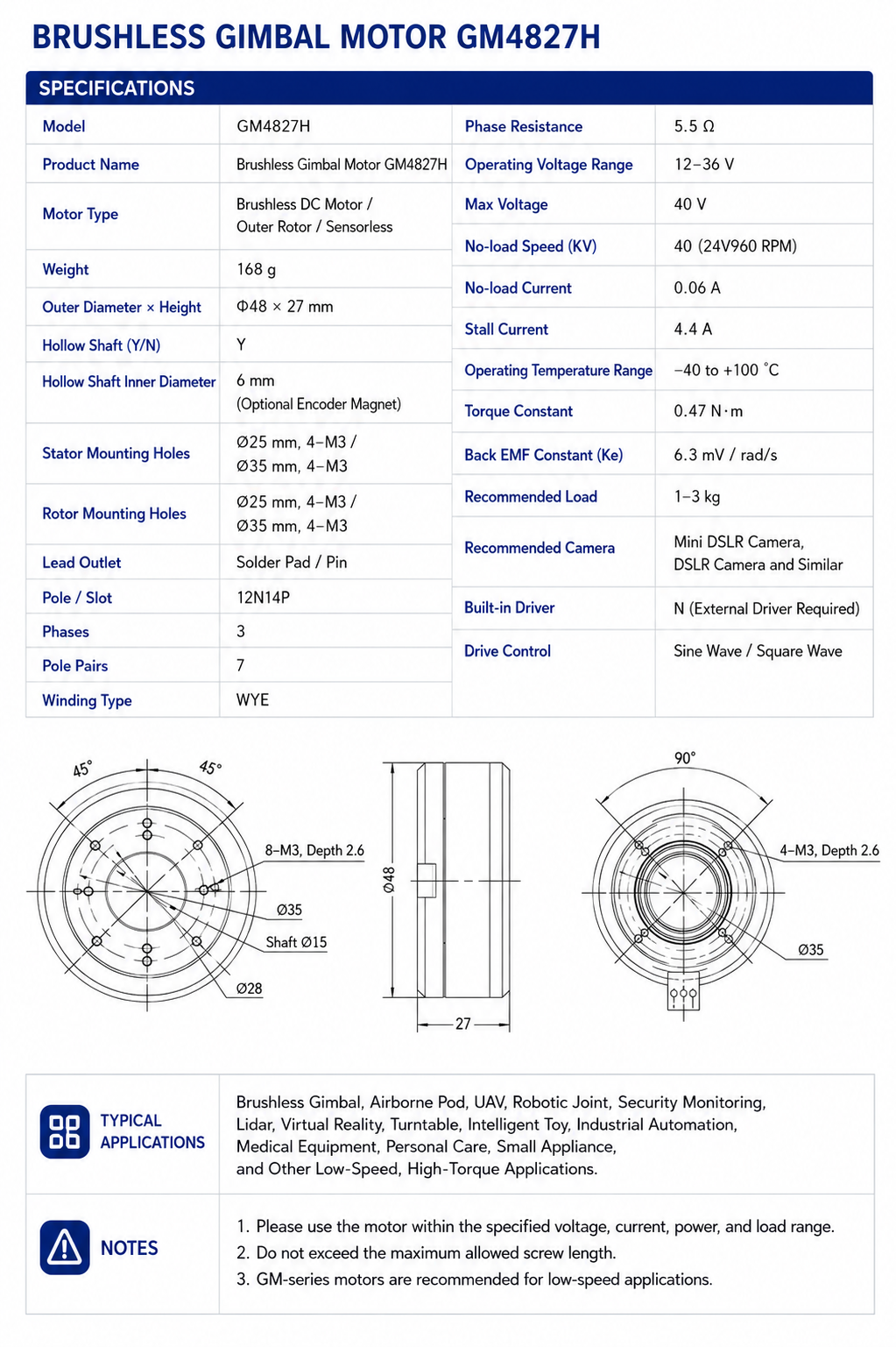 GM4820H Hollow Shaft Brushless Gimbal Motor Direct Drive BLDC Torque Motor for Robot Joint UAV Camera Stabilizer