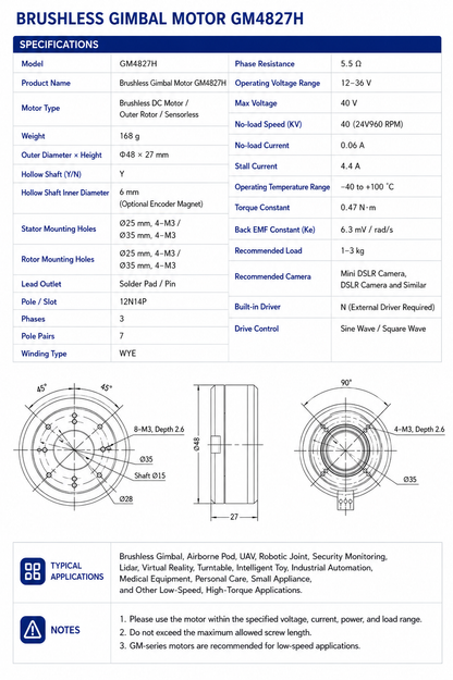 GM4827H Hollow Shaft Brushless Gimbal Motor High Torque Direct Drive BLDC Motor for Robot Joint and Motion Control