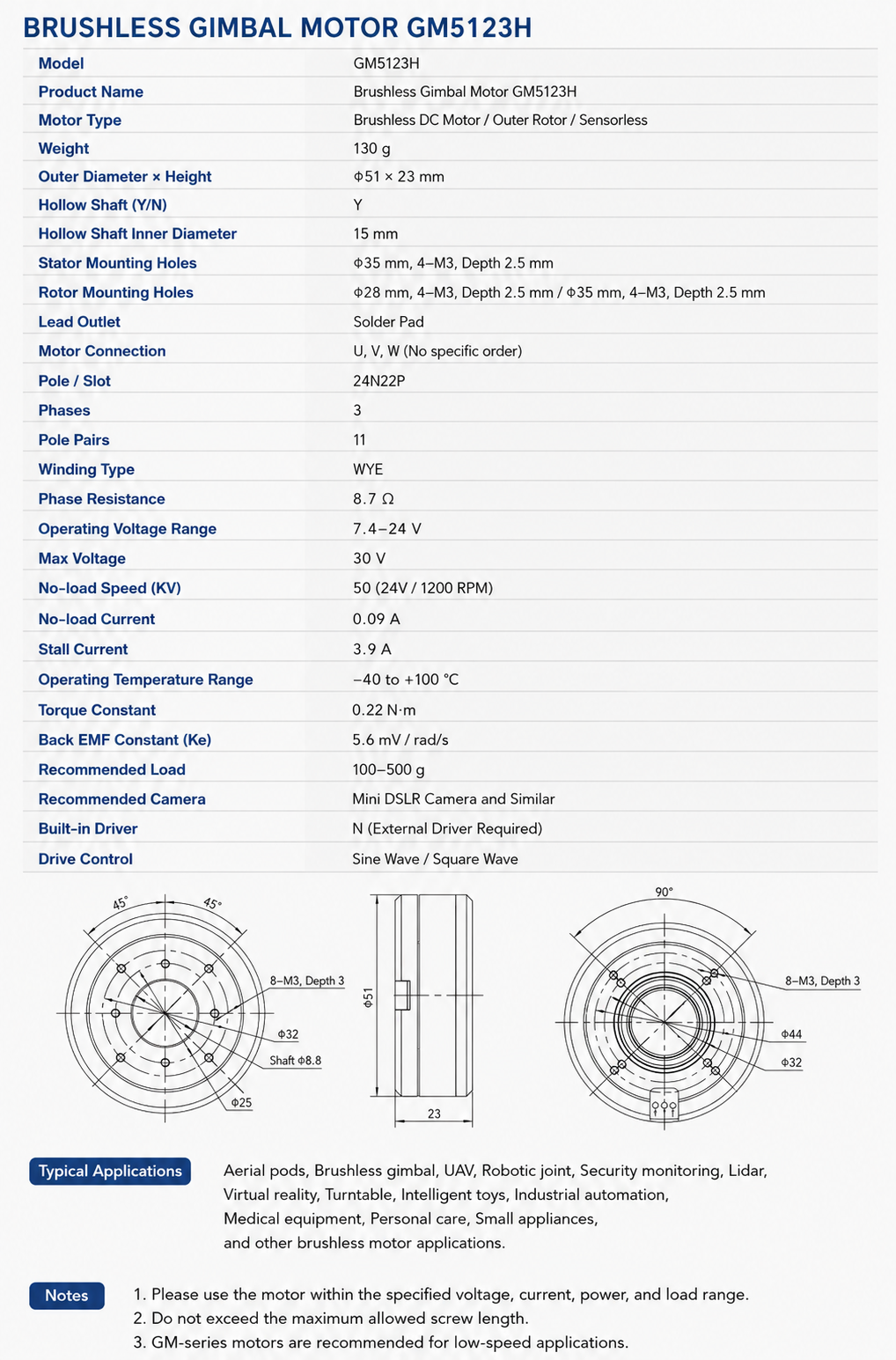 GM5123H Hollow Shaft Brushless Gimbal Motor Direct Drive BLDC Torque Motor for Robot Joint and Precision Motion Control