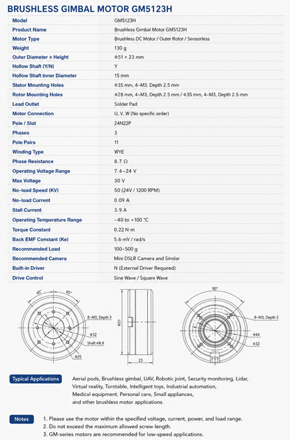 GM5123H Hollow Shaft Brushless Gimbal Motor Direct Drive BLDC Torque Motor for Robot Joint and Precision Motion Control