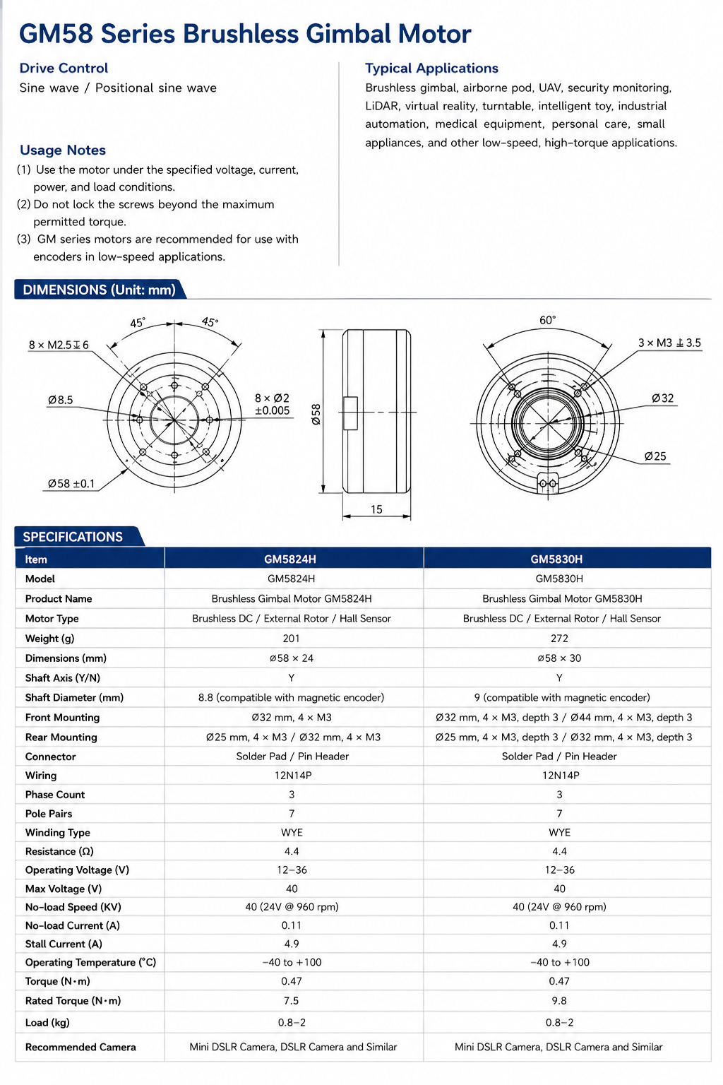 58mm High Torque Hollow Shaft Brushless Gimbal Motor Direct Drive BLDC Motor for Robot Joint and DSLR Stabilizer