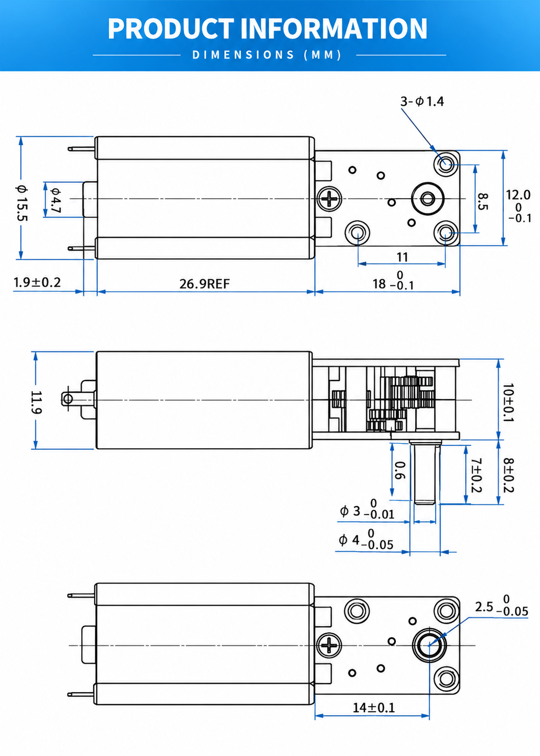 GW12T-050 Micro DC Worm Gear Motor 6V/12V for Mini Robotics