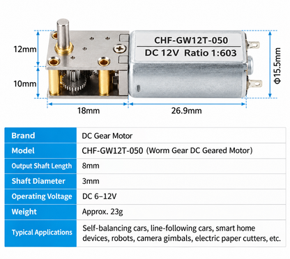 GW12T-050 Micro DC Worm Gear Motor 6V/12V for Mini Robotics