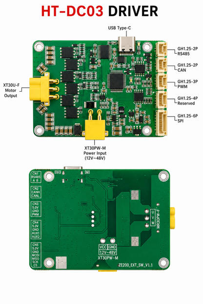 Brushless DC Servo Motor Driver HT-DC03 FOC Controller CAN RS485 12V-48V for BLDC Motors