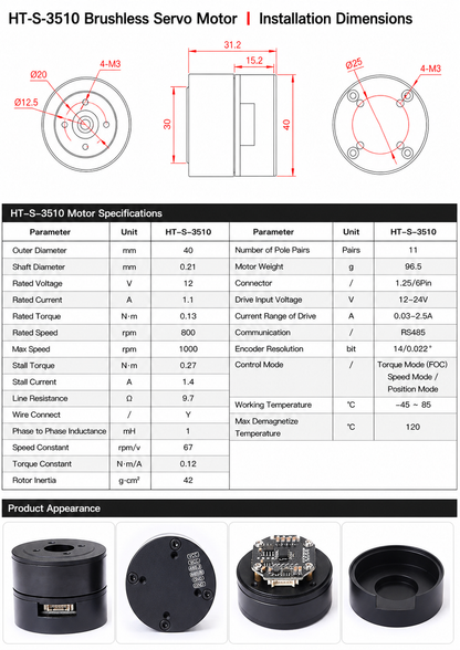 HT-S-3510 BLDC Servo Motor with Integrated FOC Driver RS485 Low Voltage Direct Drive Actuator