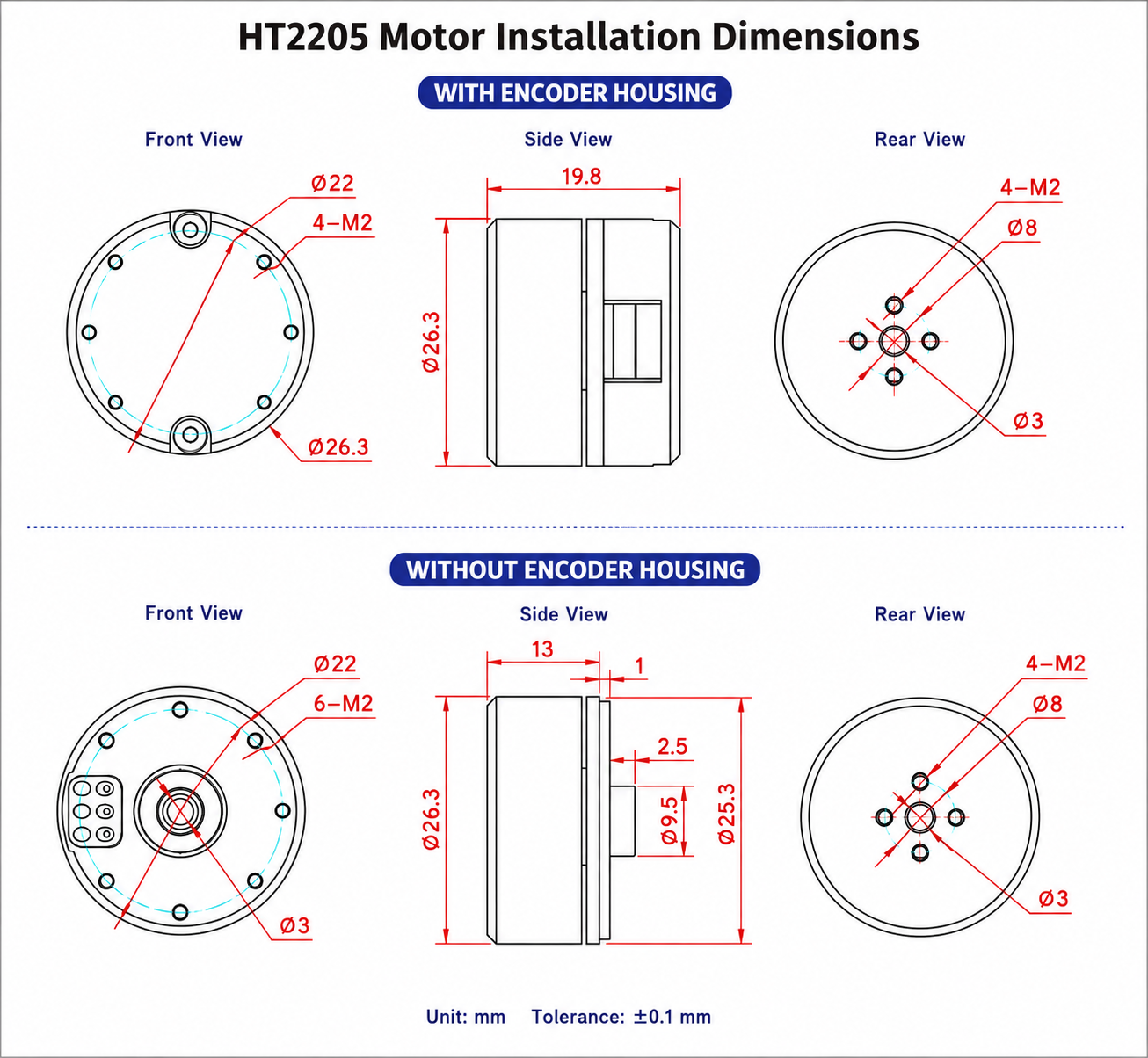 HT2205 Brushless Gimbal Motor 12V with AS5048A AS5047P AS5600 Encoder for FPV Camera Gimbal UAV Robotics