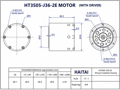 HT3505-J36-2E Planetary Servo Gear Motor with Dual Encoder CAN RS485 24V 48V 36:1 Robotic Arm Joint Motor