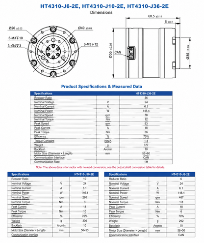 HT4310-J36-2E Robot Servo Motor 24V CAN Bus Joint Actuator for Humanoid Robot Arm