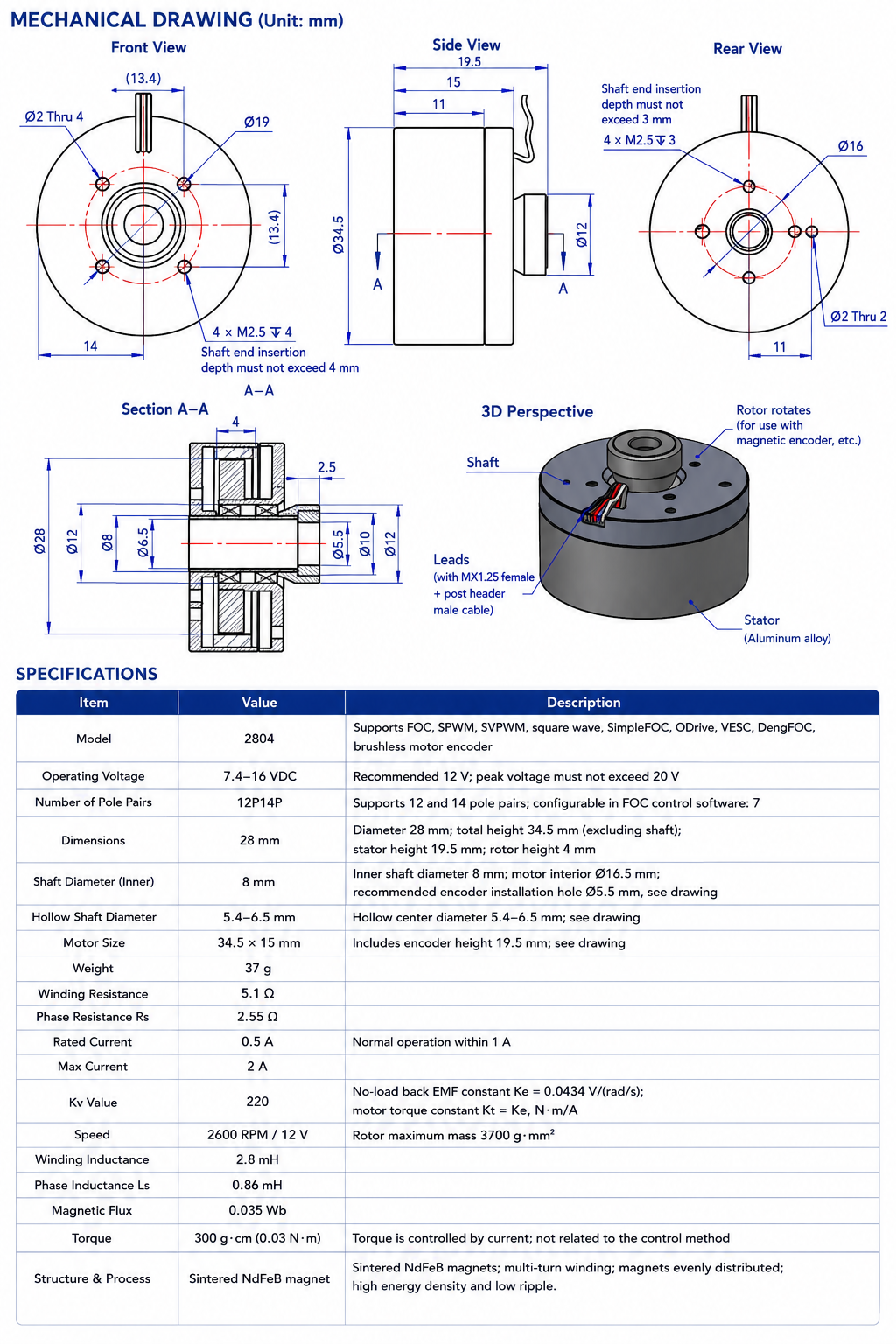 HT4310 Direct Drive BLDC Gimbal Motor with AS5600 AS5048A AS5047P Encoder for SimpleFOC ODrive Robotics