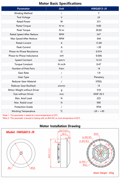 HWG6013-J9 Frameless Brushless Joint Motor with 1:9 Planetary Gearbox 24V